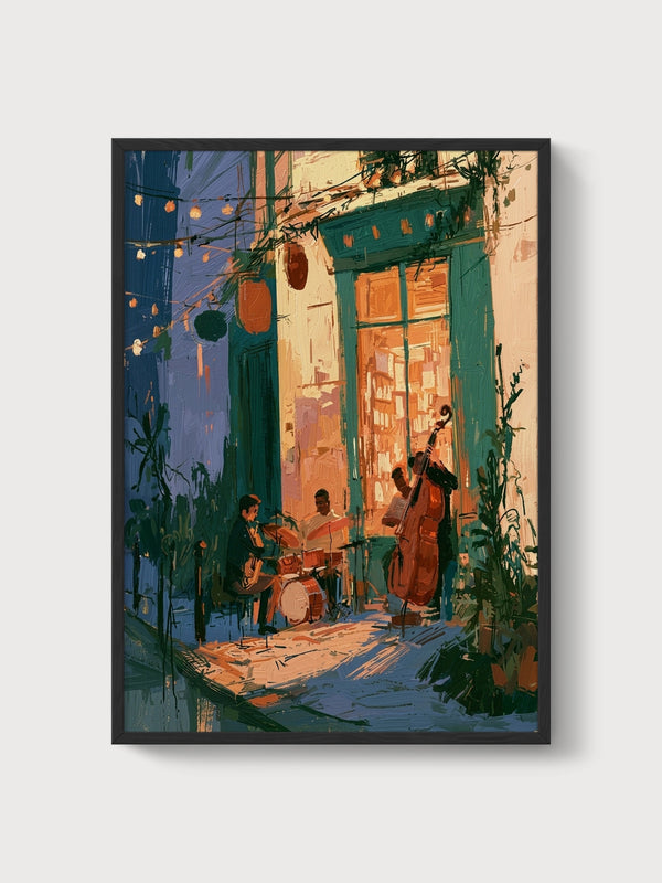 Jazz Trio Courtyard Poster poster in black frame