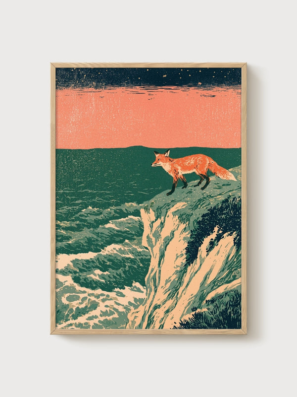 Fox Art Ocean Wall Art poster in oak frame