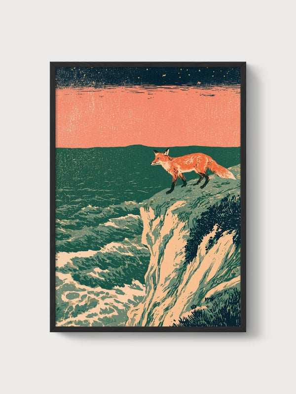 Fox Art Ocean Wall Art poster in black frame