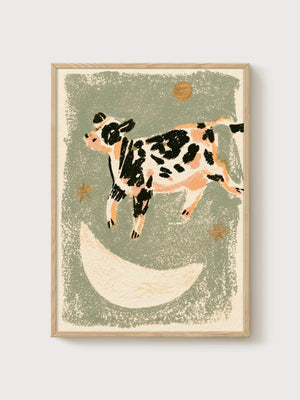 Cow Jumping Over the Moon Print poster in oak frame