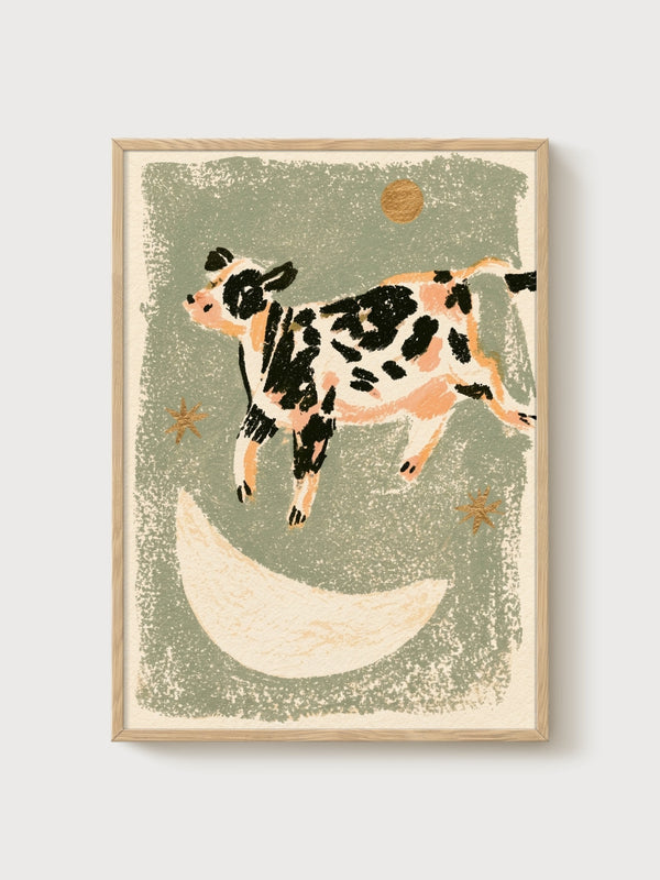 Cow Jumping Over the Moon Print poster in oak frame