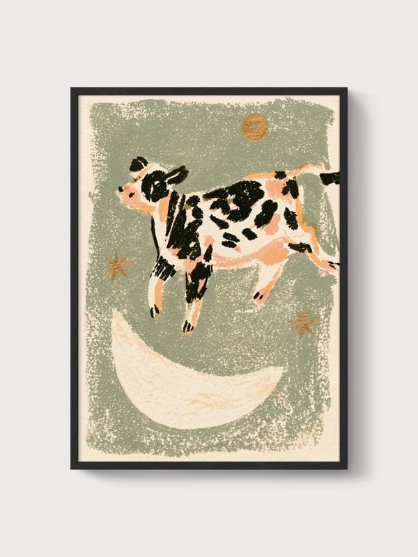 Cow Jumping Over the Moon Print poster in black frame