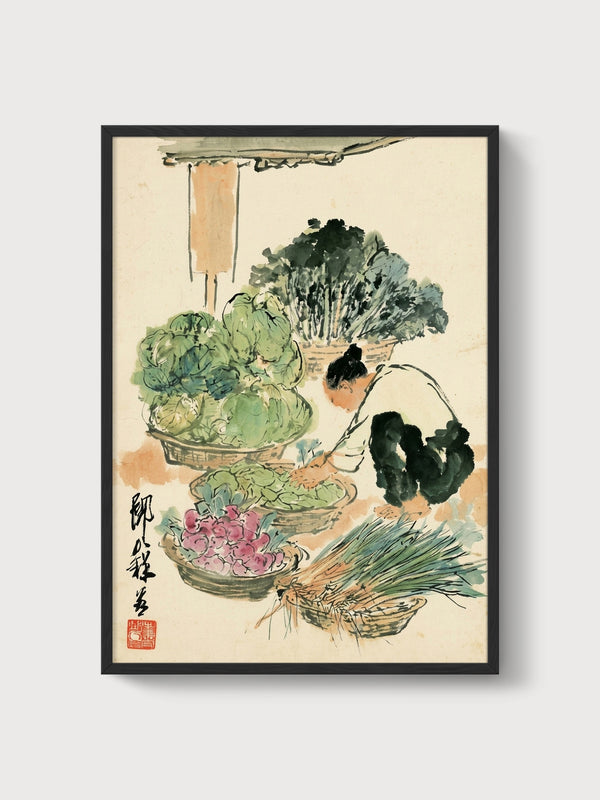 Japanese Watercolor Market Scene poster in black frame