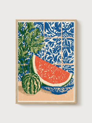 Watermelon Still Life Print poster in oak frame