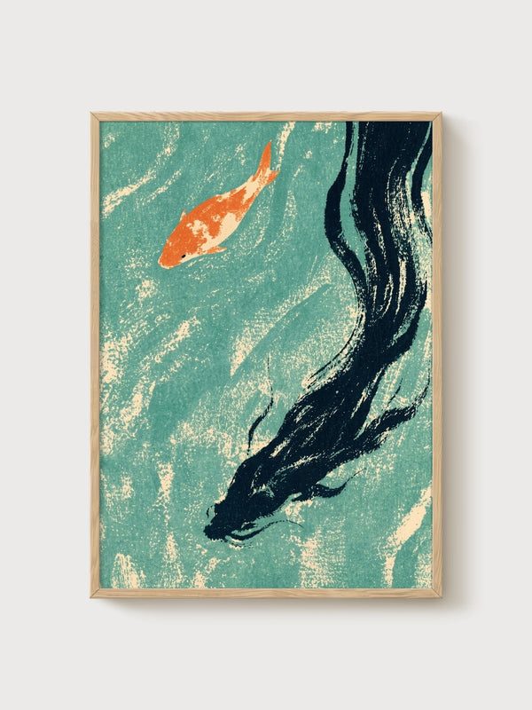 Koi Fish Wall Art poster in oak frame