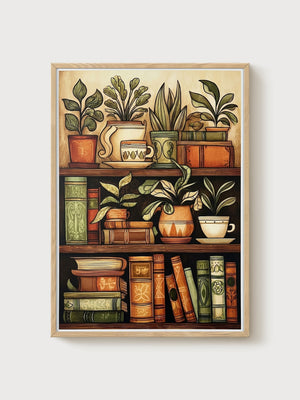 Art Nouveau Bookshelf Plants Print poster in oak frame