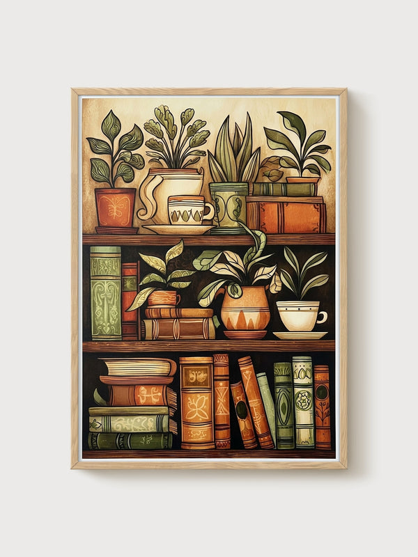 Art Nouveau Bookshelf Plants Print poster in oak frame