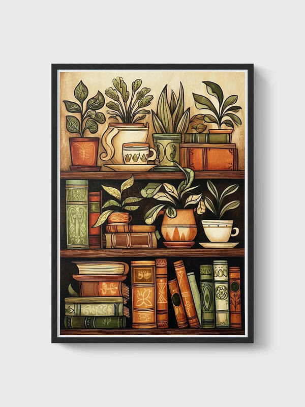 Art Nouveau Bookshelf Plants Print poster in black frame