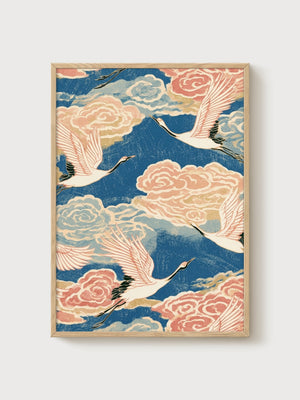 Crane Woodblock Print poster in oak frame