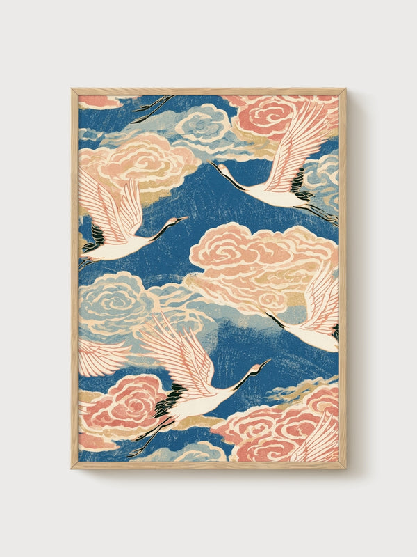 Crane Woodblock Print poster in oak frame