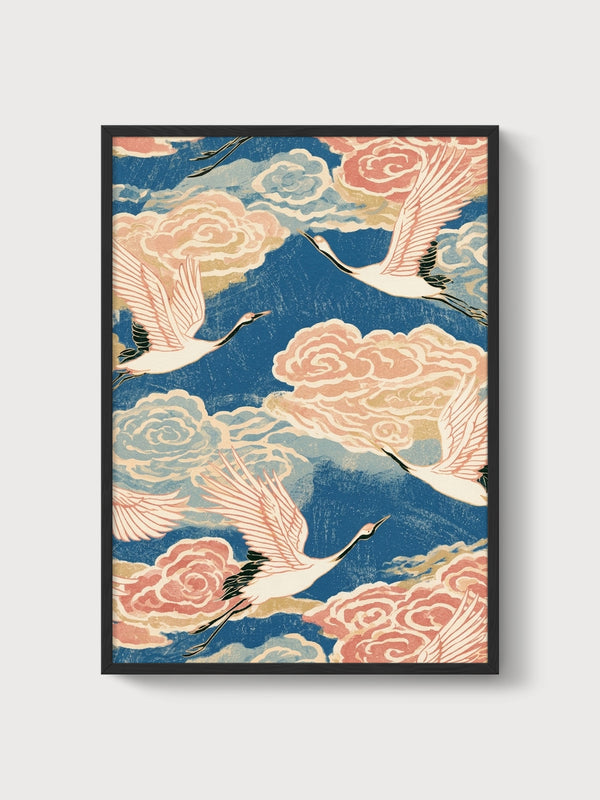 Crane Woodblock Print poster in black frame