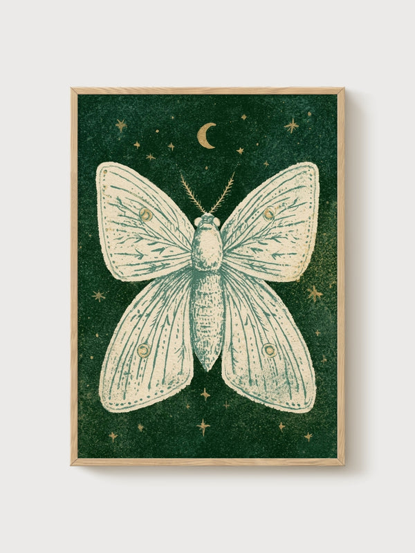 Luna Moth Night Moon Print poster in oak frame