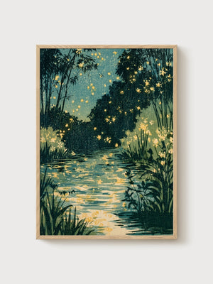 Firefly Stream Nocturnal Garden Print poster in oak frame