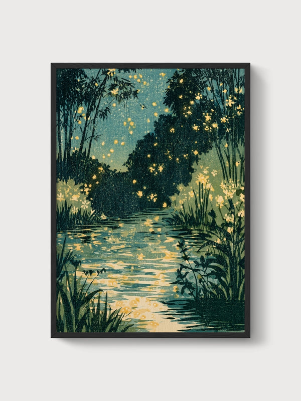 Firefly Stream Nocturnal Garden Print poster in black frame