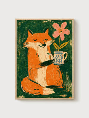 Fox Art Print poster in oak frame
