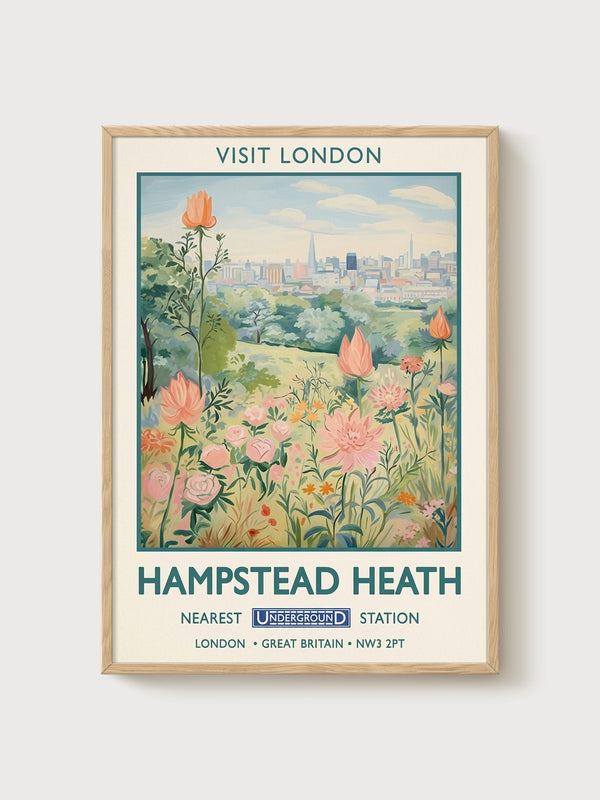 Hampstead Heath Travel Poster poster in oak frame