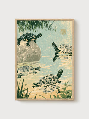Japanese Turtle Pond Woodblock Print poster in oak frame