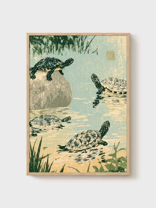 Japanese Turtle Pond Woodblock Print poster in oak frame