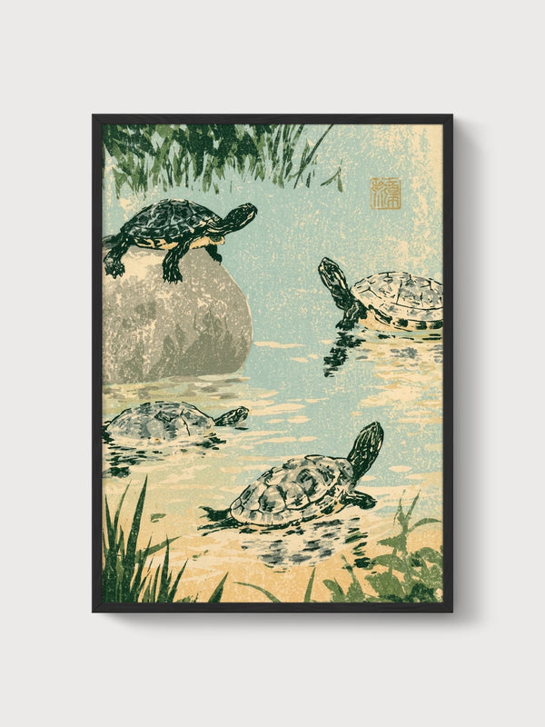 Japanese Turtle Pond Woodblock Print poster in black frame