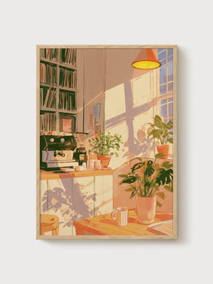 Coffee Bar Wall Art poster in oak frame