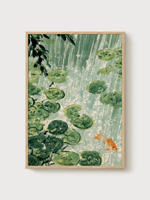 Koi Fish Pond Watercolor Print poster in oak frame