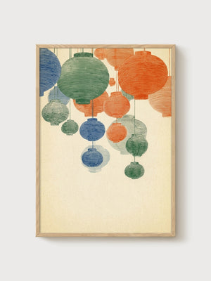 Mid Century Lantern Print poster in oak frame