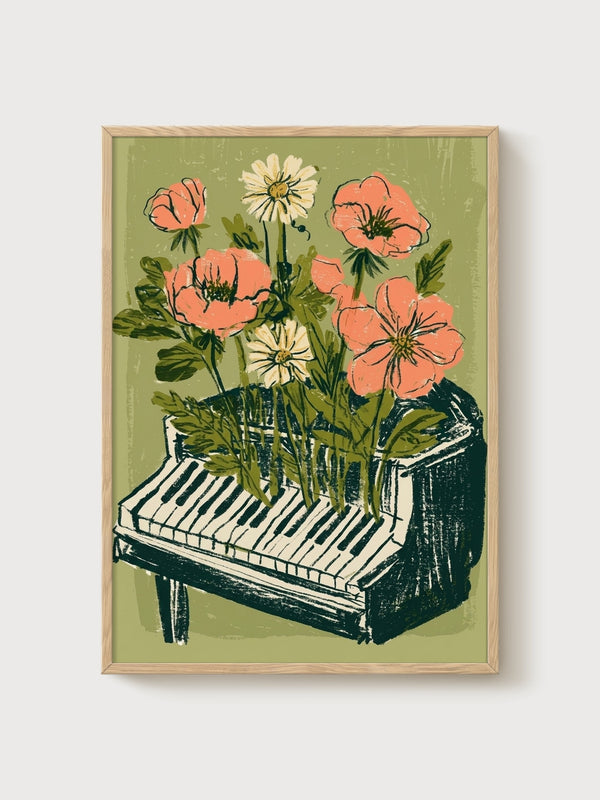 Piano Flowers Wall Art poster in oak frame