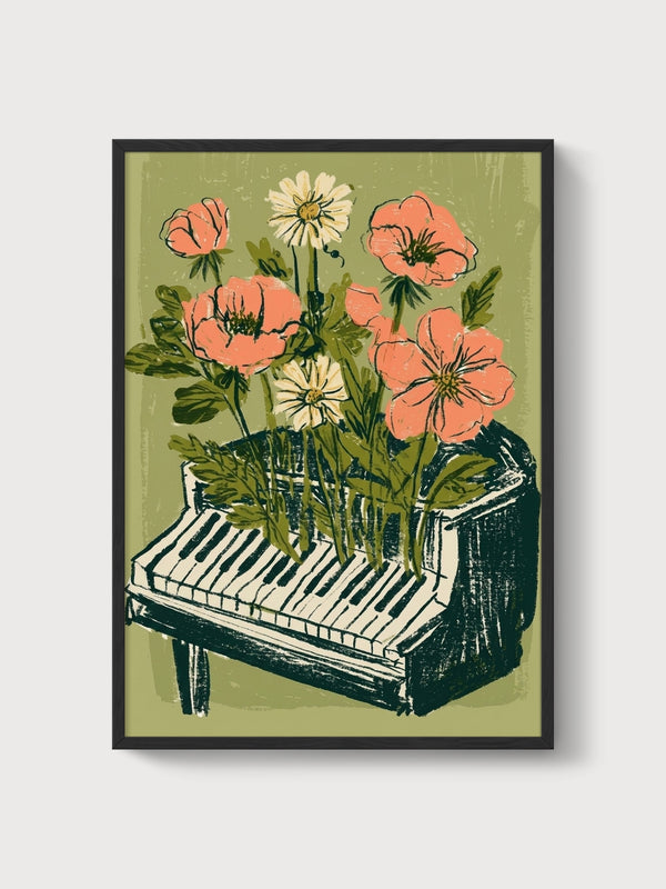 Piano Flowers Wall Art poster in black frame