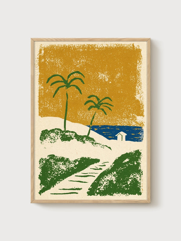 Palm Tree Beach House Print poster in oak frame