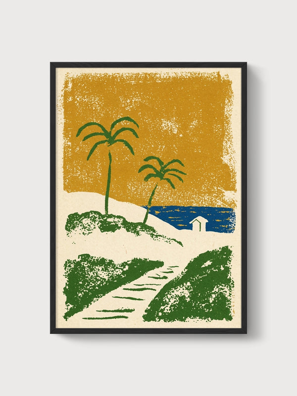 Palm Tree Beach House Print poster in black frame