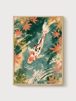 Koi Fish Wall Art poster in oak frame