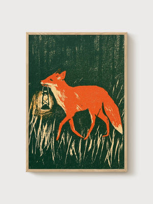 Fox With Lantern Folk Art Print poster in oak frame