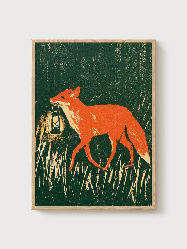 Fox With Lantern Folk Art Print poster in oak frame