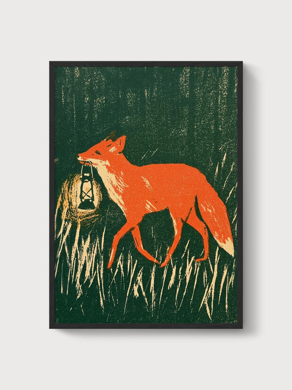 Fox With Lantern Folk Art Print poster in black frame