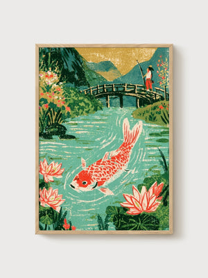 Koi Fish Wall Art poster in oak frame