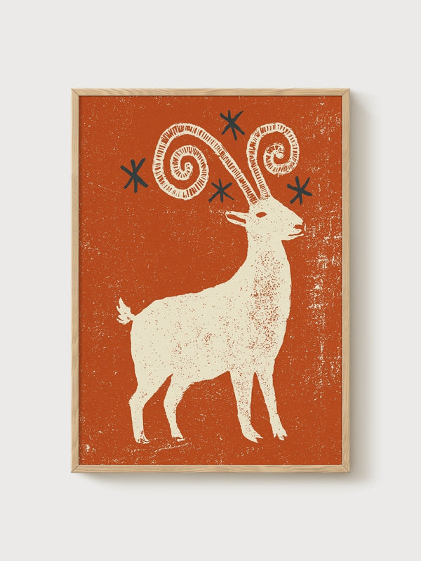 Ibex Goat Folk Art Print poster in oak frame