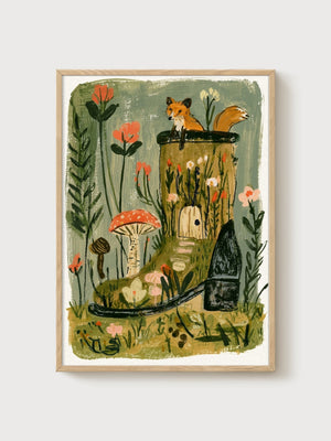 Fox Art Print poster in oak frame
