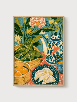 Boho Kitchen Still Life Poster poster in oak frame