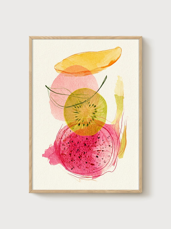 Watercolor Fruit Print poster in oak frame
