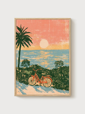 Retro Beach Print poster in oak frame