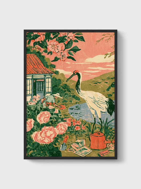 Japanese Crane Garden Print poster in black frame