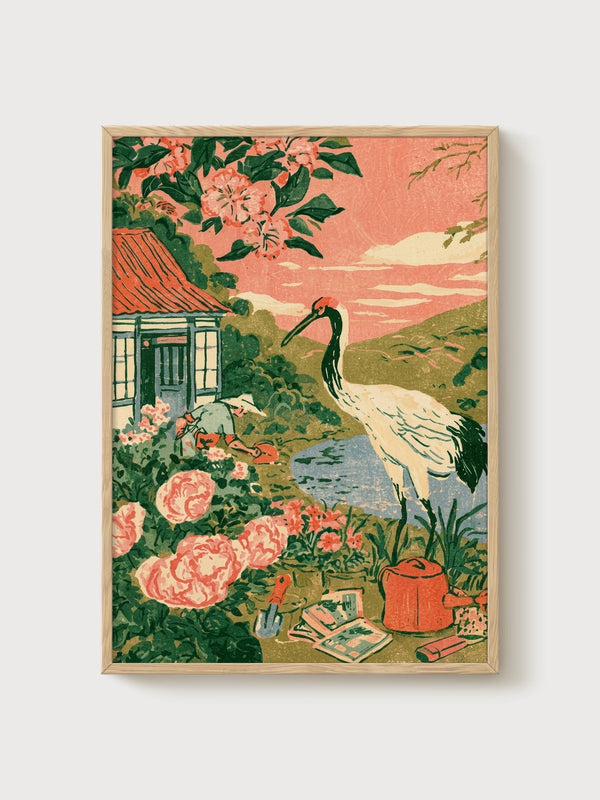 Japanese Crane Garden Print poster in oak frame