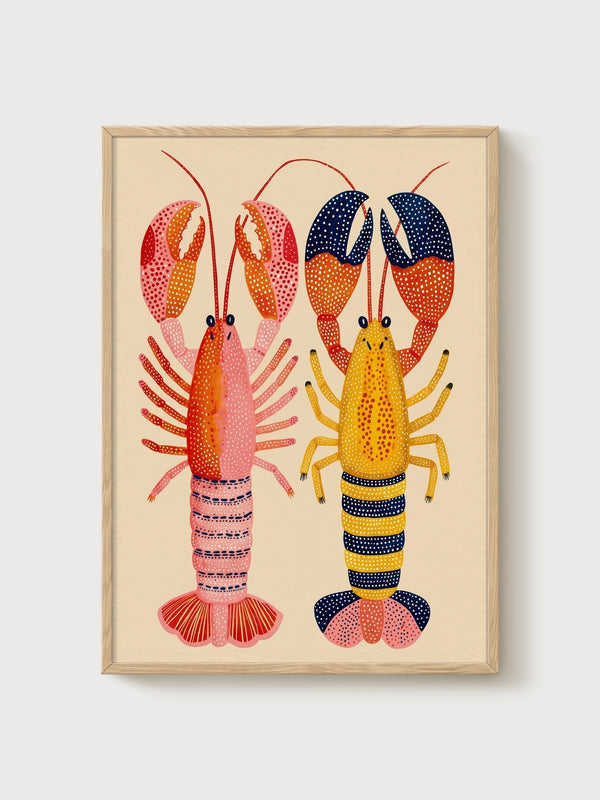 Colorful Lobster Print poster in oak frame