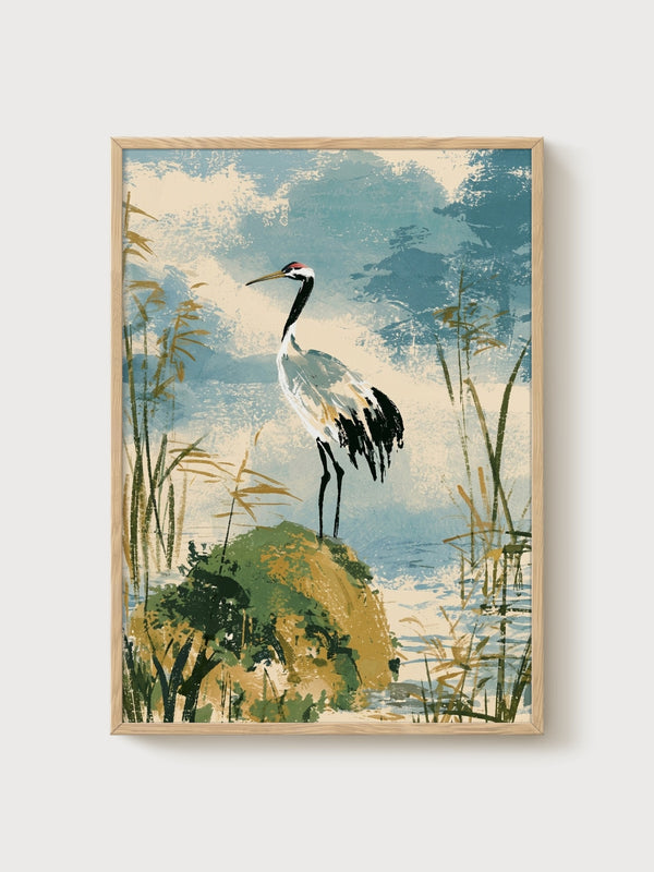 Crane Bird Print poster in oak frame