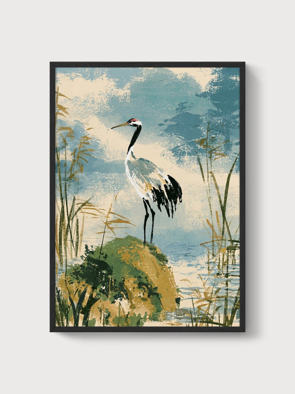 Crane Bird Print poster in black frame