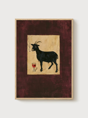Whimsigoth Decor Black Goat Smoking Wine Poster poster in oak frame