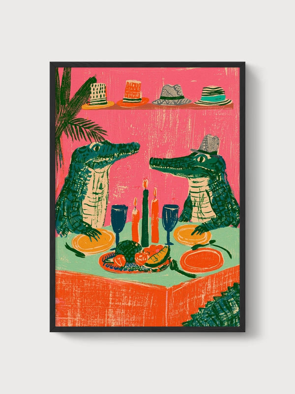 Alligator Dinner Party Wine Poster poster in black frame