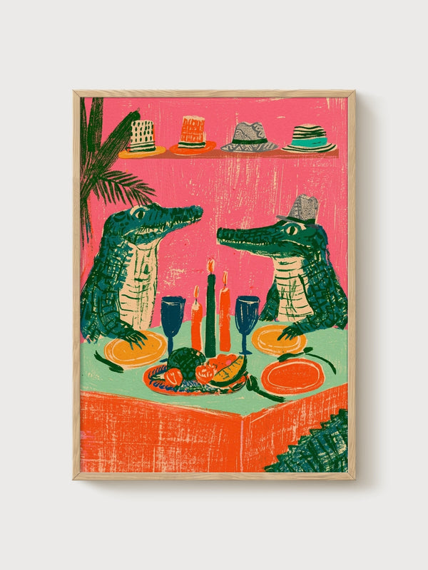 Alligator Dinner Party Wine Poster poster in oak frame