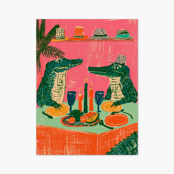 Alligator Dinner Party Wine Poster art print