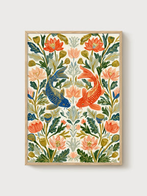 Koi Fish Wall Art poster in oak frame